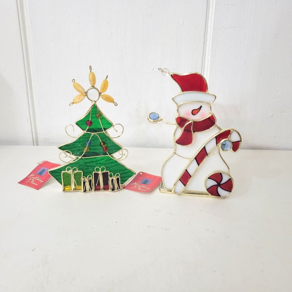 Stained Glass Tealight Holders Snowman and Christmas Tree NWT